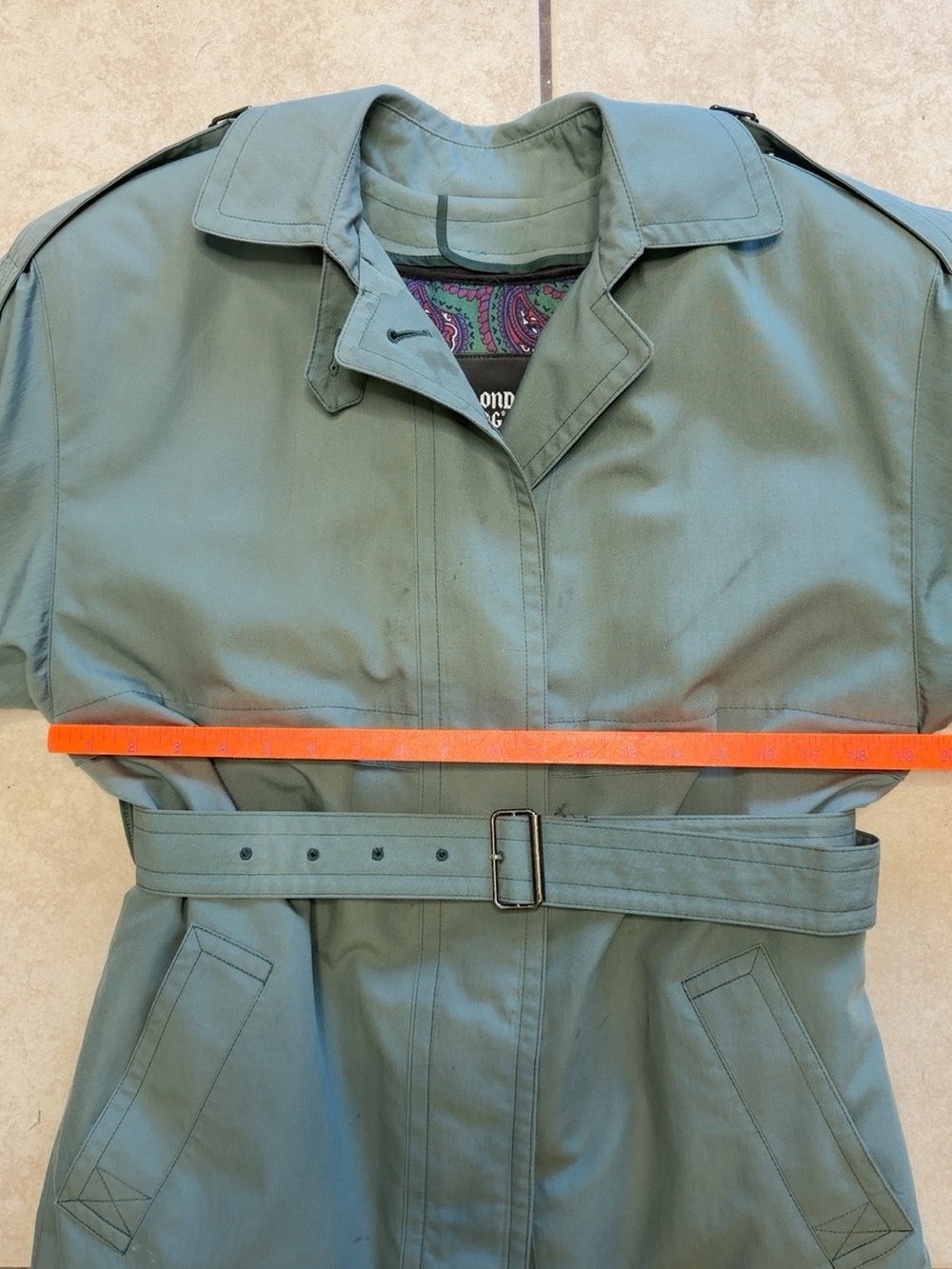 Vintage London Fog Sage Green Belted Trench Coat 4 Petite USA Paisley Liner - Picture 9 of 11